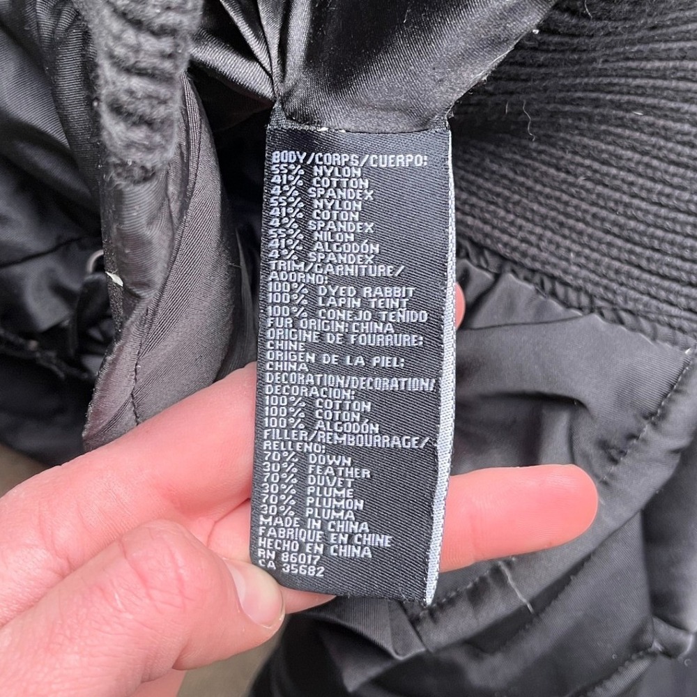 Bebe Black Chevron Quilted Down Puffer Jacket Real Rabbit Fur Hood Lace Up Small - Picture 6 of 11